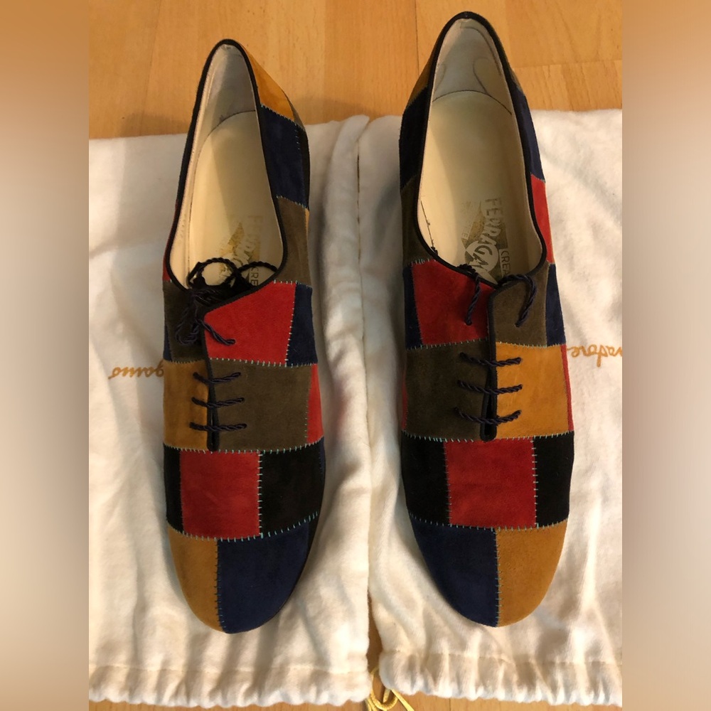 Ferragamo Multi-Color Patchwork Suede Wedge Oxfords - Women - Picture 2 of 6